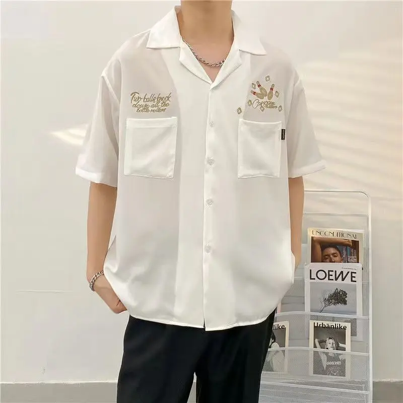 Branco Bowling Bordado Ferramentas Colarinho Cubano Retro Camisa de manga curta Homens Mulheres Camisas Verão Hip Hop Camisa Casual Jaqueta