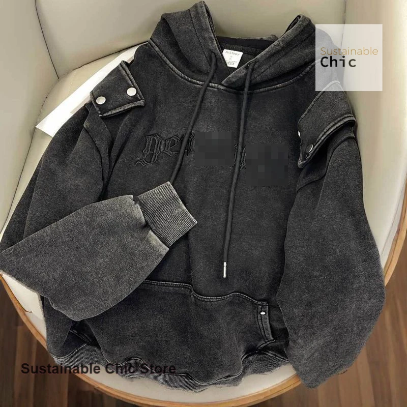 American retro old letter embroidery hooded sweater women's autumn and winter plus velvet casual plus large size loose top