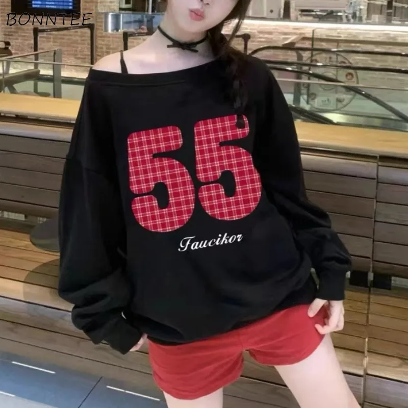 Sweatshirts Women Vintage Oblique Shoulder Printed Casual All-match Sweet Spicy Girls Long Sleeve All-match Age-reducing Ins