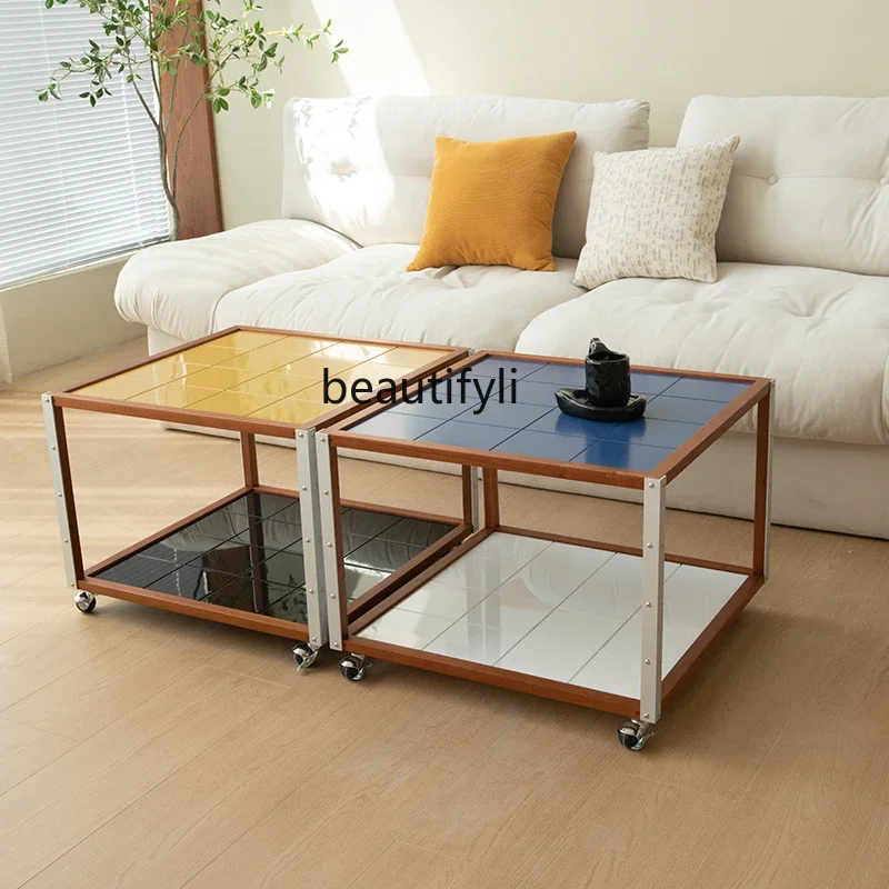 

xz1Mobile coffee table, imitation tile black and white paint aluminum combination edge table