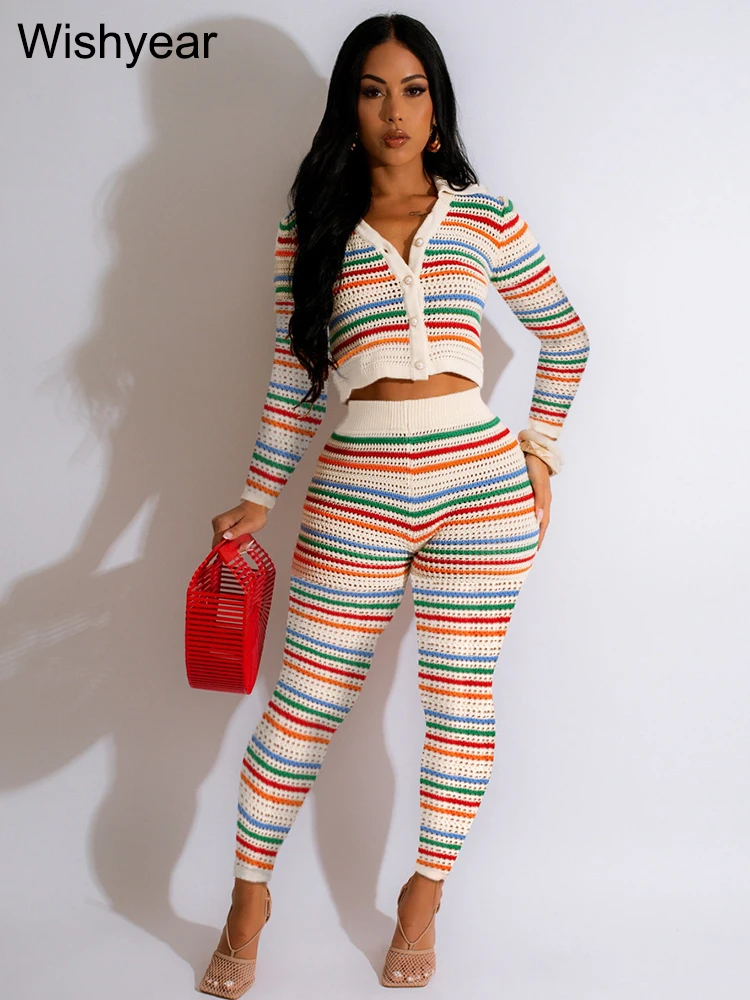 Rainbow Stripe Knit Ribbed Women Pencil Pants and Long Sleeve Button Crop Tops Two 2 Piece Set Streetwear Club Office Outfit y2k