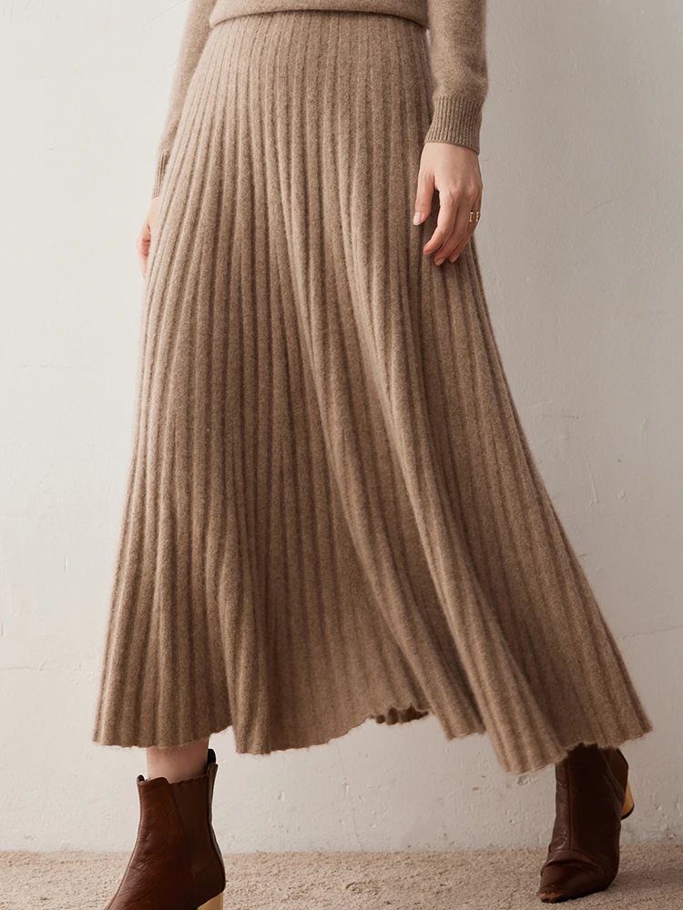 Dream Autumn Winter Women’s 100% Cashmere Skirt A-Line High Waist Long Pleated Skirts Grace Cashmere Dress Korean Style Knitted