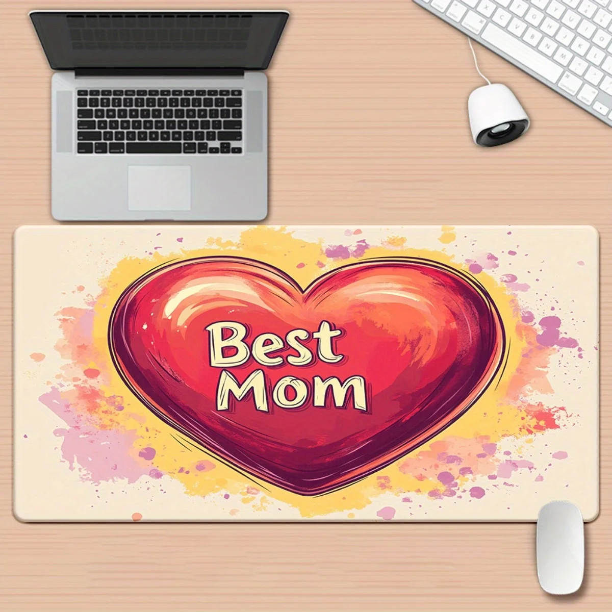 

1pc "Best Mom" Heart-Shaped XXL Mouse Pad - Non-Slip Rubber Base, Vibrant Watercolor Design, Multi-Functional Desk Mat for Offic