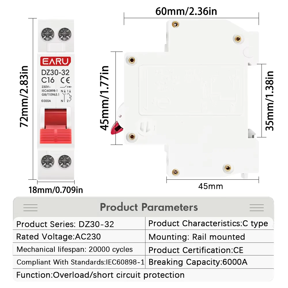 DZ30-32 DPN 1P+N Mini Circuit Breaker MCB 6A 10A 16A 20A 25A 32A Din Rail Mounting Cutout Miniature Household Air Switch OEM DIY