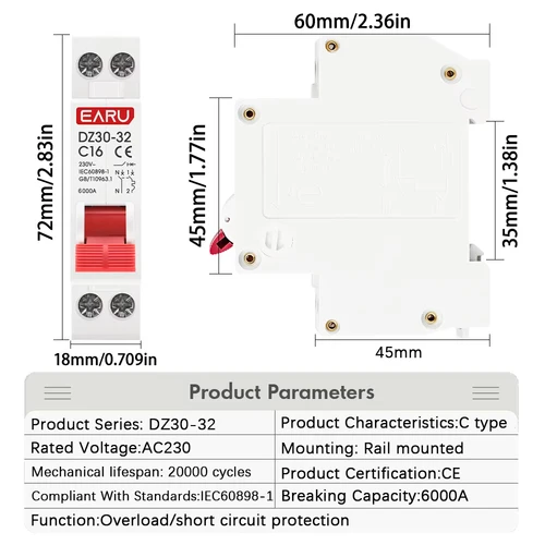 Imagen 2 del producto DZ30-32 DPN 1P + N Mini disyuntor MCB 6A 10A 16A 20A 25A 32A montaje en carril Din recorte miniatura interruptor de aire doméstico OEM DIY
