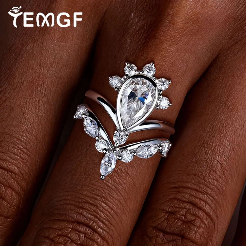 

TEMGF 3CT кольцо с муассанитом грушевидной огранки для женщин, серебро 925 пробы, сложенные кольца, свадебные роскошные ювелирные изделия на годовщину свадьбы, сертифицируемые