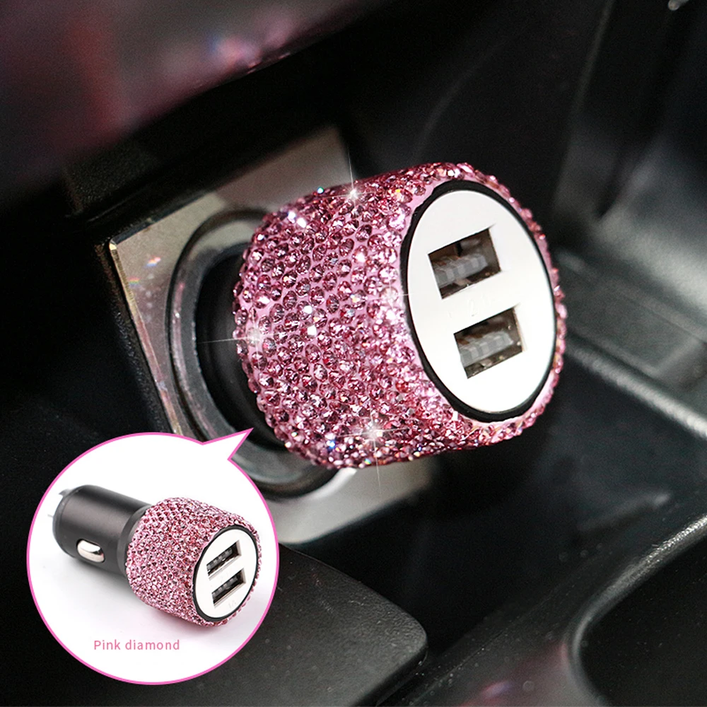 

New Bling USB Car Charger 5V 2.1A Dual Port Fast Adapter Pink Car Decor Car Styling Diamond Car Accessories Interior for Woman