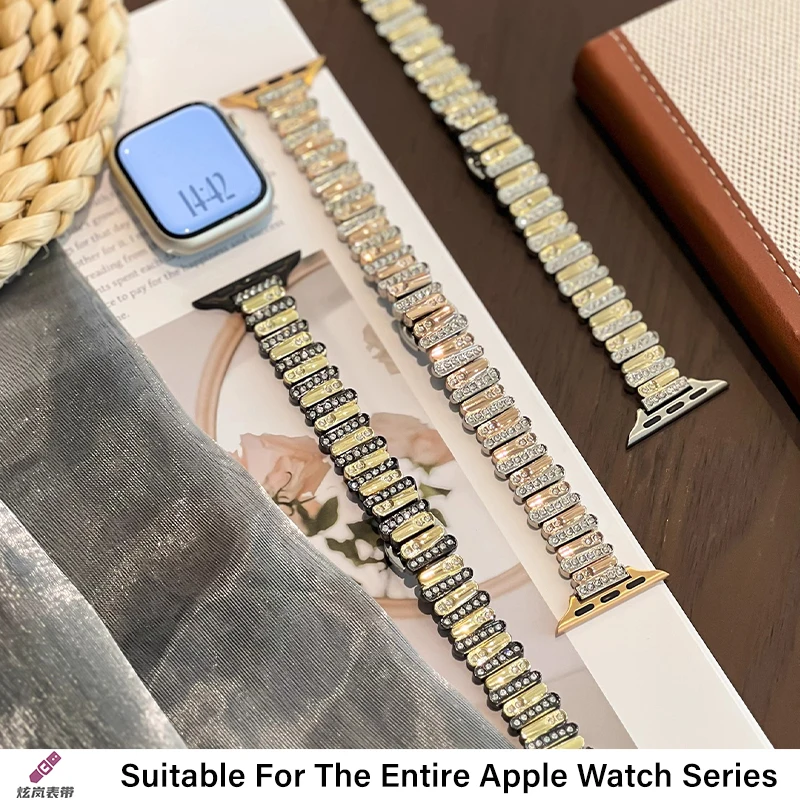สายนาฬิกาสแตนเลสโลหะที่ไม่สม่ําเสมอพร้อมหัวเข็มขัดผีเสื้อเพชรฝังตัวสําหรับ Applewatch Steel Slim Strap สําหรับ iwatch