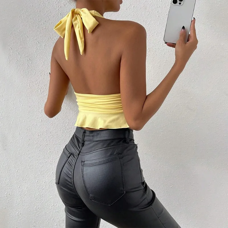 Top feminino com decote em V profundo – blusa elástica com nervuras