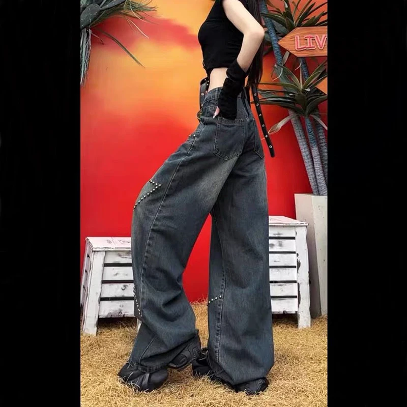 Y2K Rivet Jeans Women High Street Washed Baggy Straight Trousers American Vintage Chic High Waist Ladies Wide Leg Denim Pants