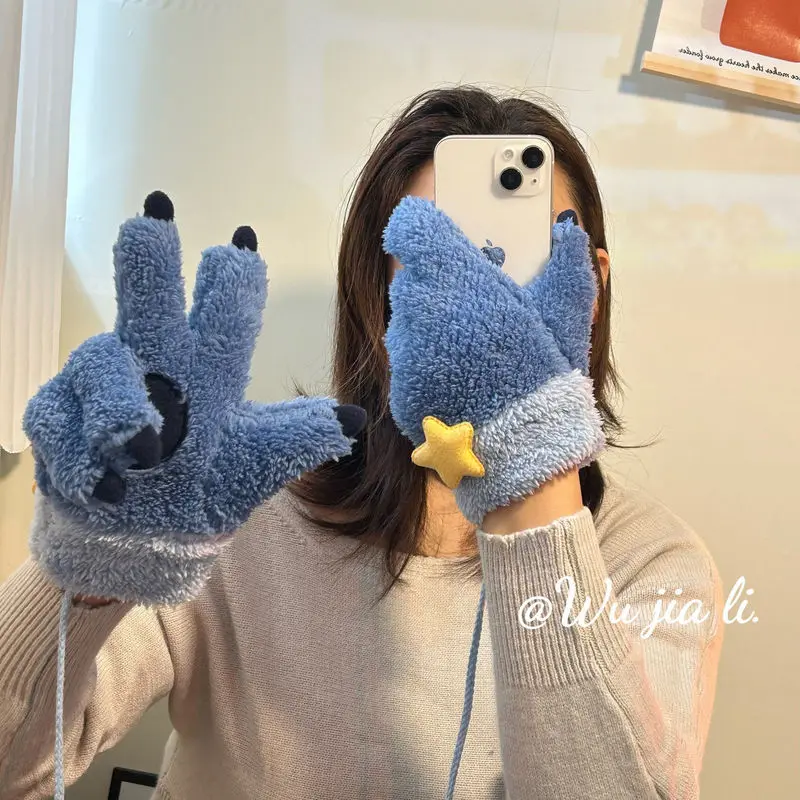 2024 New Stitch Paw Plush Gloves for Women Cute Fluffy Thick Warm Winter Mittens Cold-Proof Skiing Cycling Gloves Christmas Gift