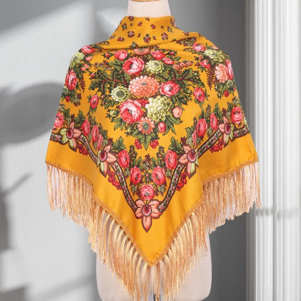 Ethic Style Floral Print Shawl Fringed Elegant Soft Women Blanket Scarf Fall Winter Middle-Aged Women Square Shawl Neck Wrap