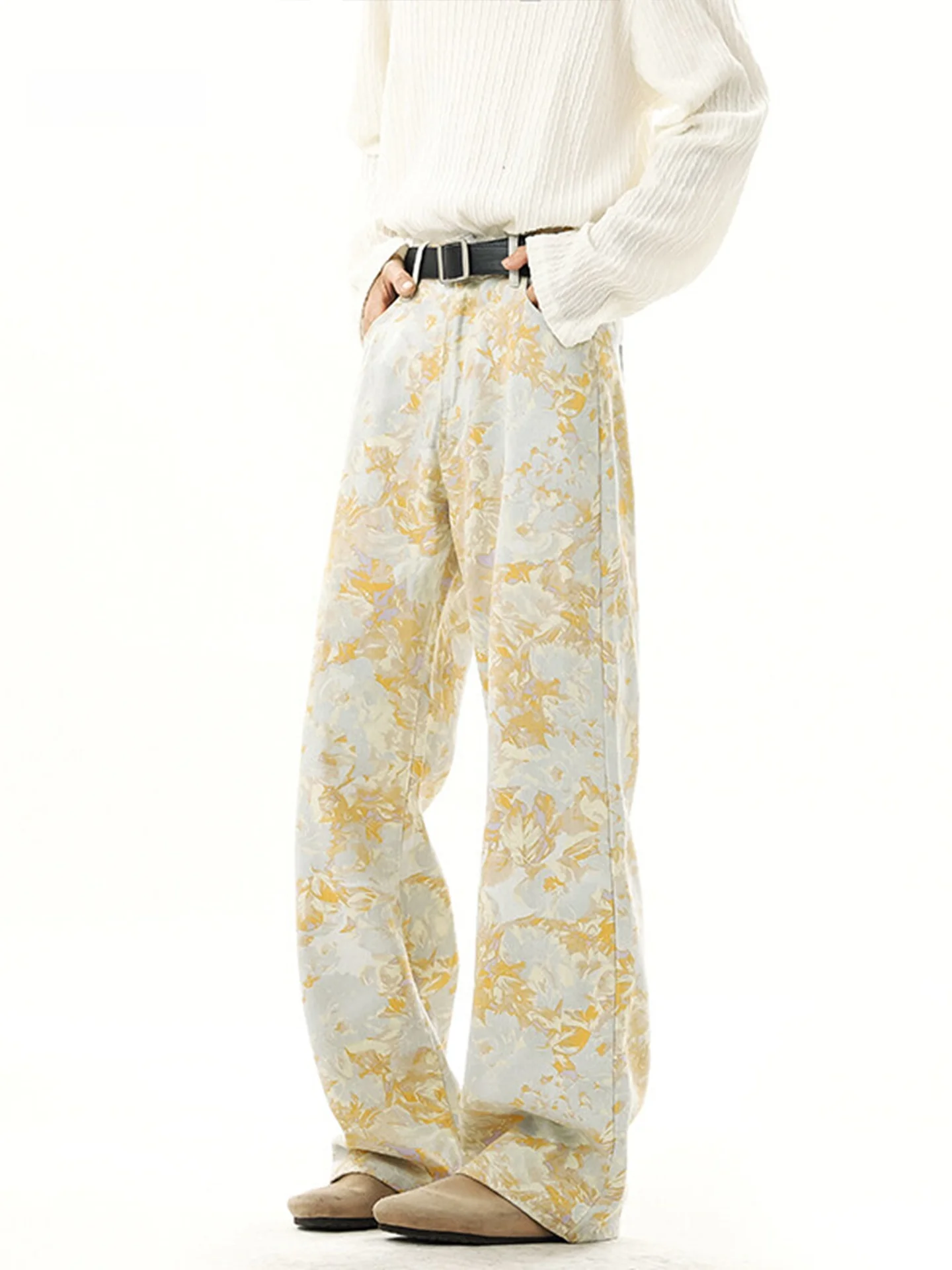 

American High Street Men's Yellow Tie Dye Print Jeans Summer Thin Straight Leg Design Sense Washed Long Pants Wide Leg Jeans