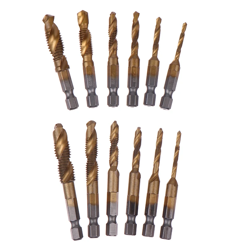 6Pcs For Metal Steel Wood Plastic Compound Metric Tap Drill Bits Screw Thread Hex Shank Machine Titanium HSS Tap Bit Tool