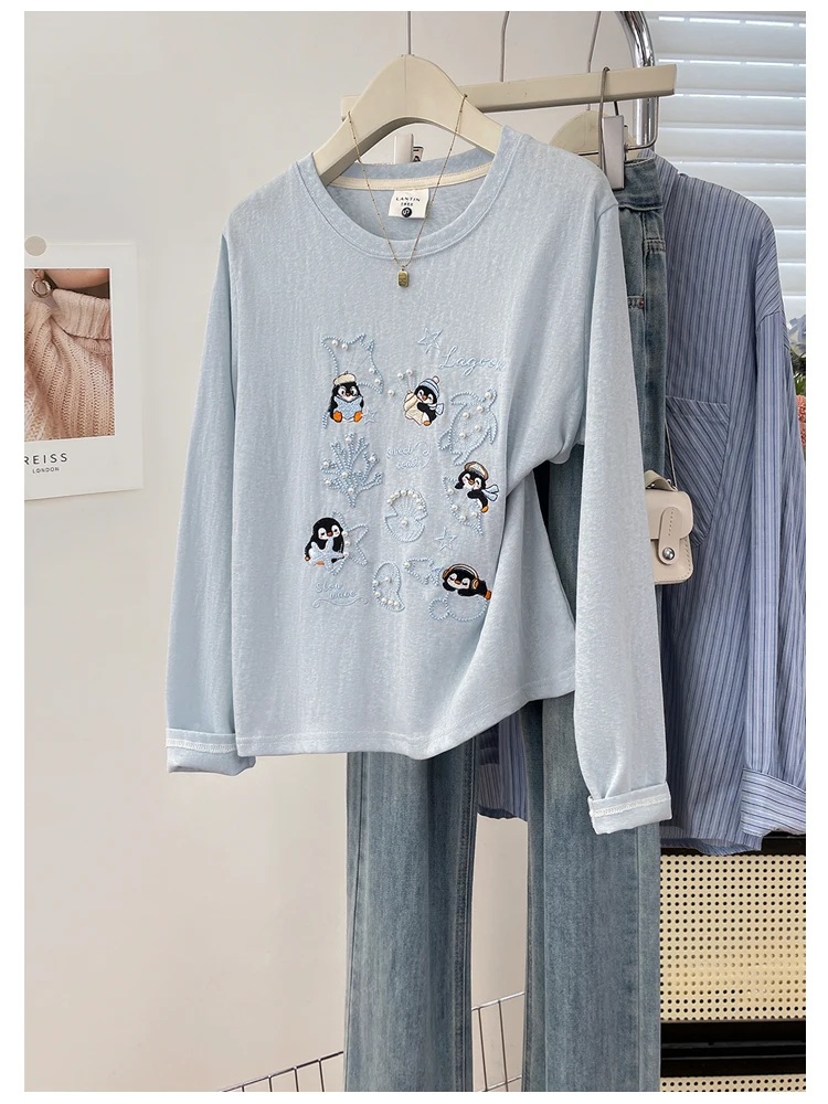 Elegant Cartoon Penguin Embroidery Long Sleeve T-Shirt Women's Shoulder Fit round Neck Slimming Fashionable Versatile Top
