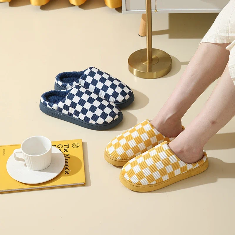 Plaid Home Slipper Womens Winter Warm Cartoon Plush Contton Indoor Funny Non Slip Fuzzy Floor House Shoes Female Checkerboard