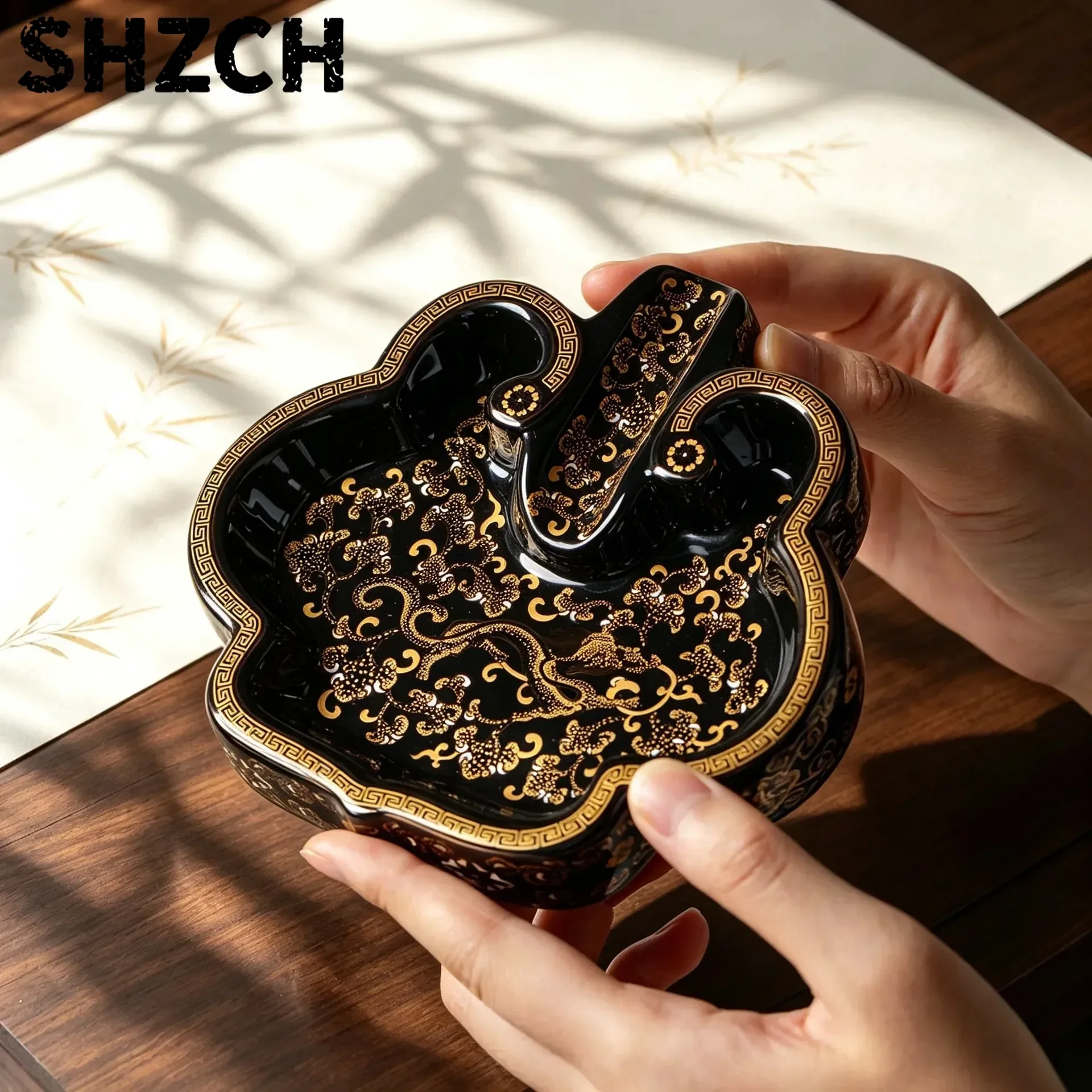 New Portable Ceramic Cigar Ashtray Light Luxury Black Gold Dragon Pattern Wide Groove Creative High-end Gifts