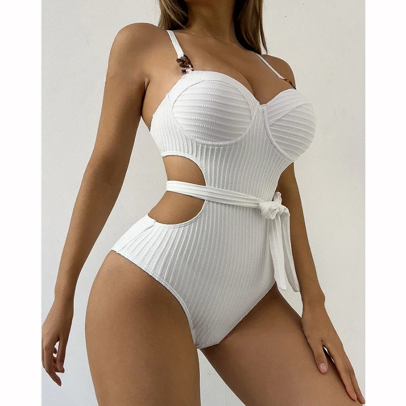 Conjunto de Bikini de tela ondulada de Color sólido, traje de baño para cubrirse para mujer, traje de baño de una pieza con volantes de realce, trajes de baño de playa 2025