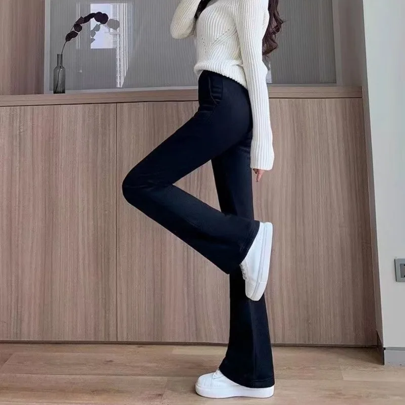 Women's Autumn and Winter Patchwork Pockets Plush Elastic Waist for Slimming Solid Color Slim Fit Casual Drape Flared Pants