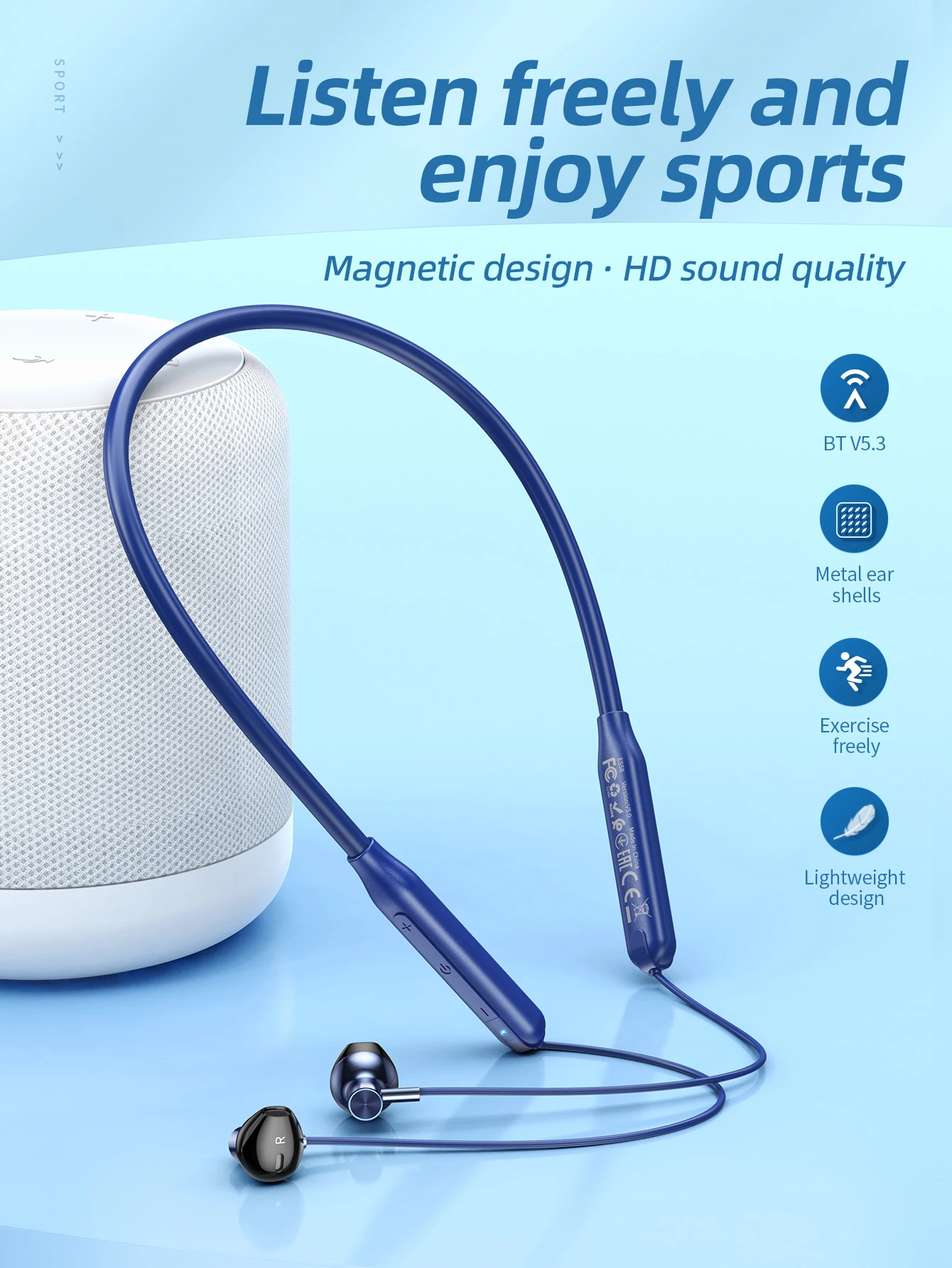 HOCO ES58 Wireless Neckband Earphones In Ear Headphone Bluetooth 5.0 Sport Running Music Soft Skin Friendly Headset With Mic