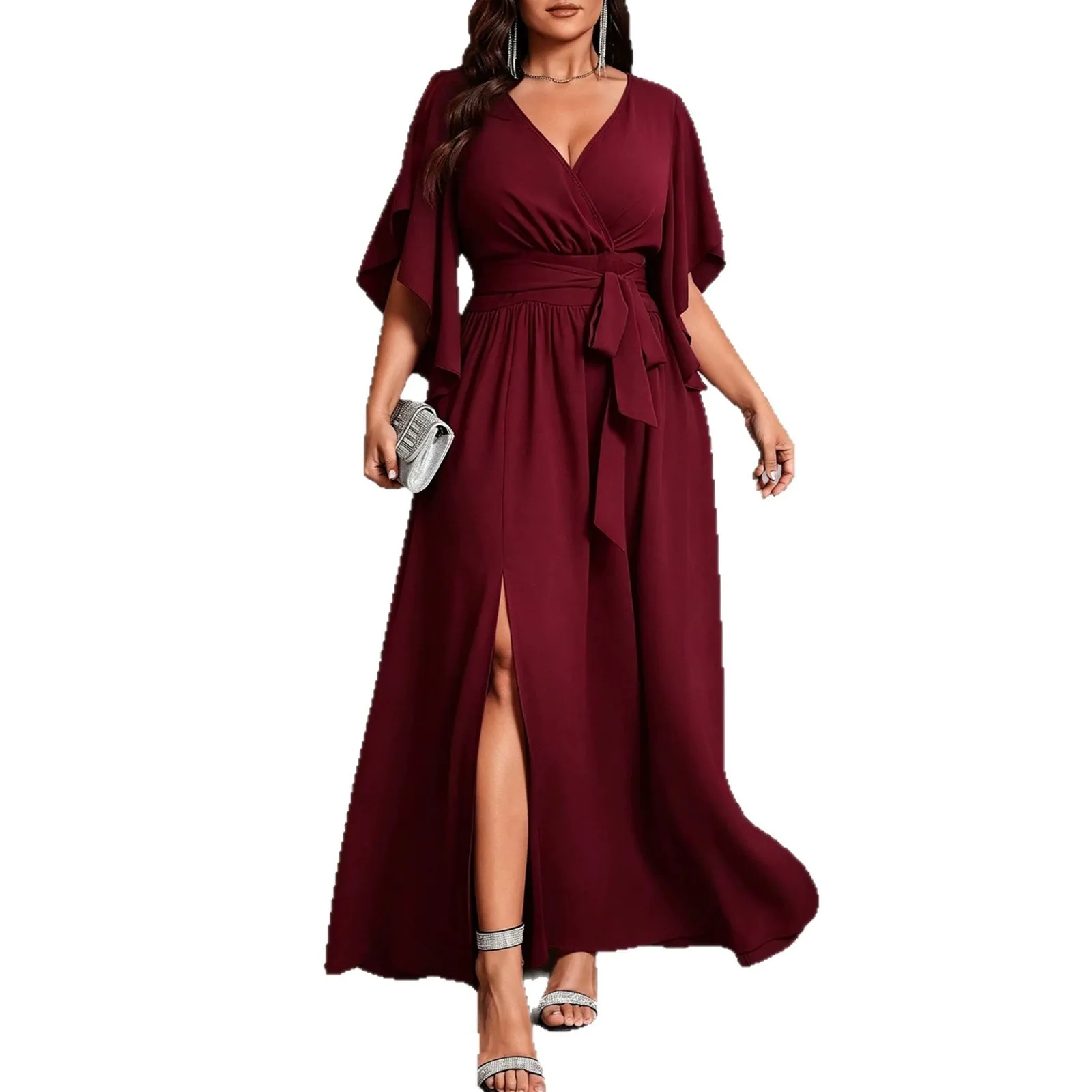 High Waist Side Slit Dress Maxi Length Graceful Commuter with Full Skirt Pull on V Neck Short Sleeve Dress Summer for Women