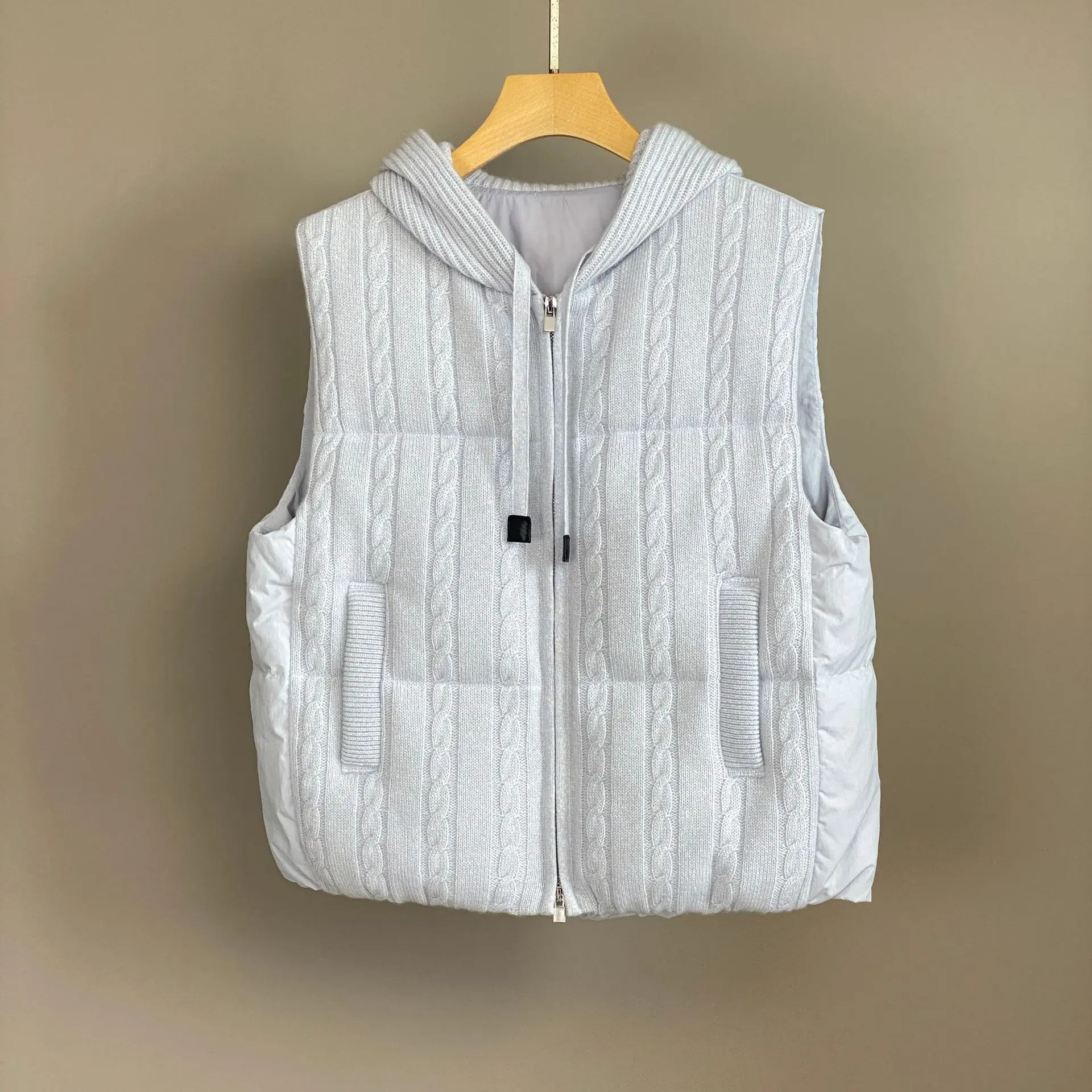 2025 outono e inverno novo colete de malha de linho de caxemira com capuz elegante e versátil casual colete de penas de ganso