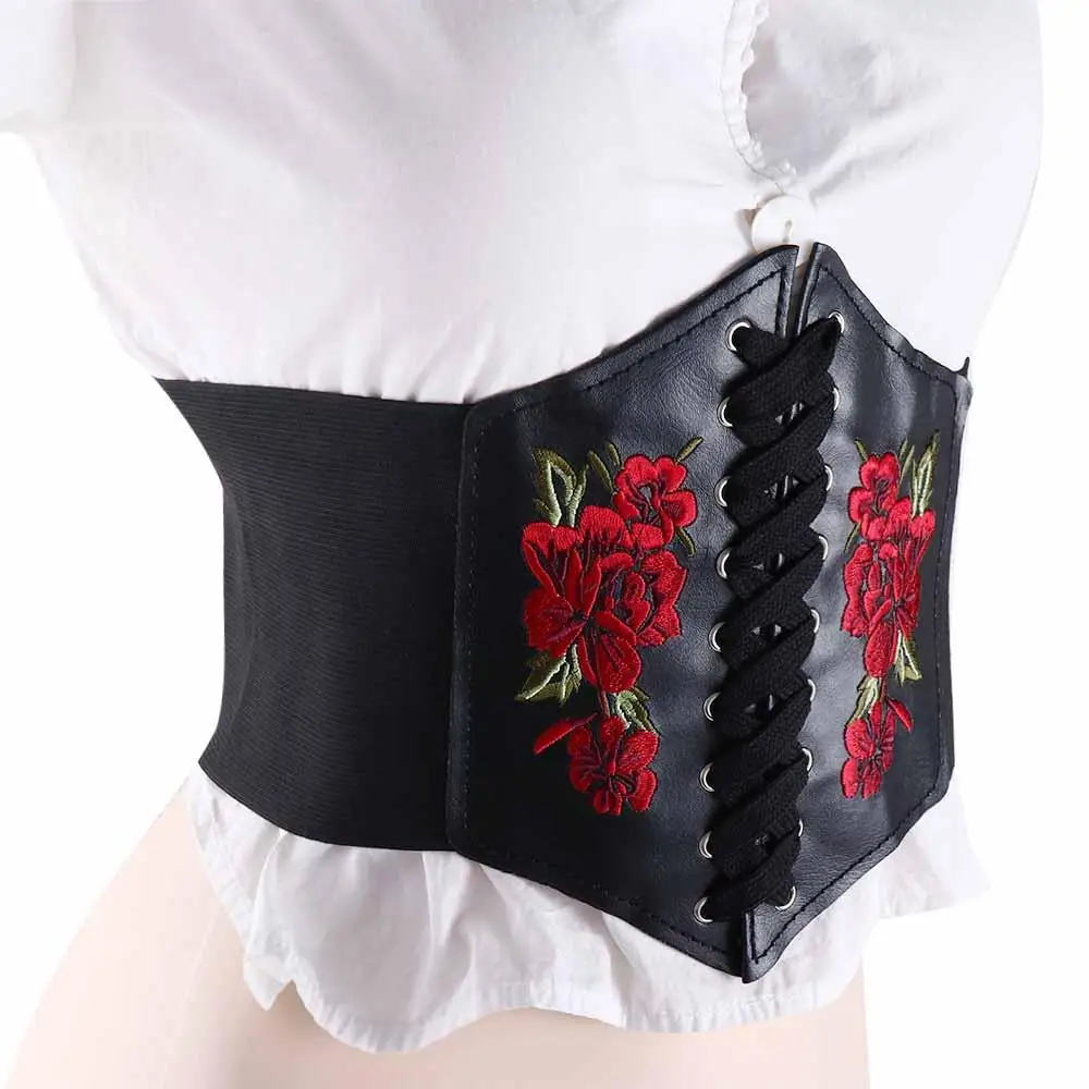 

Punk Retro Embroidery PU Leather Slimming Rose Pattern Women Belt Waist Corset Waistband Female Dress Cummerbunds