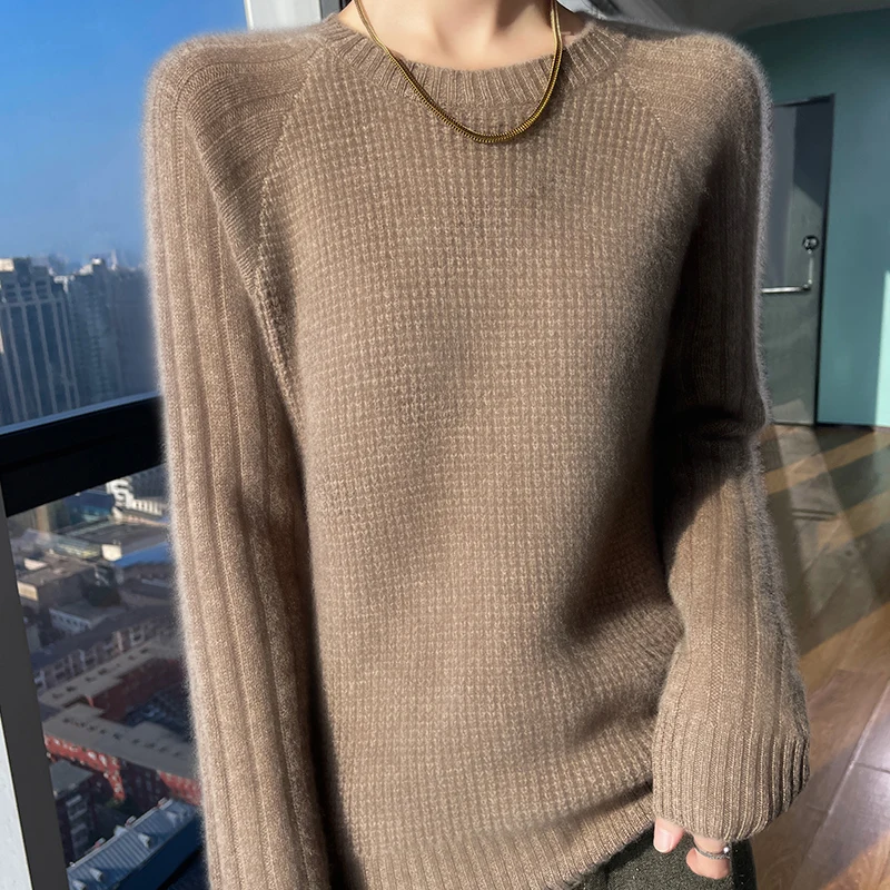 Women\'s sweater in autumn and winter O-neck long sleeve 100% merino wool pullover leisure padded cashmere sweater Korean style