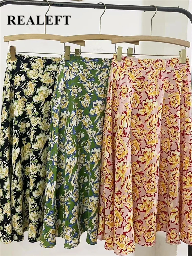 REALEFT Vintage Floral Printed Tulle Mi-long Women Skirts New 2023 High Waist Loose Female Umbrella Skirts Female Spring Summer