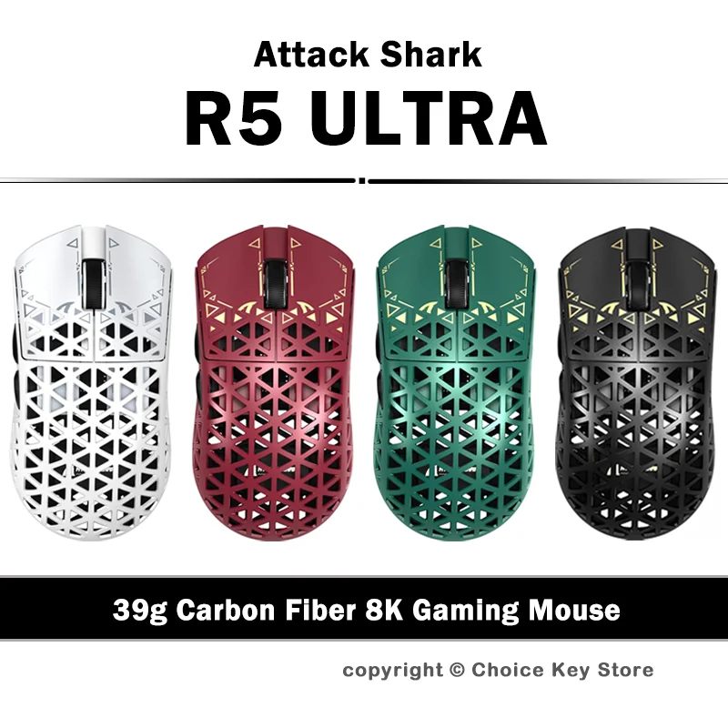 ATTACK SHARK R5 Ultra Wireless Gaming Mouse 39g Carbon Fiber PAW3950MAX 42000 DPI Tri-Mode Wireless 8K Polling High End Mouse