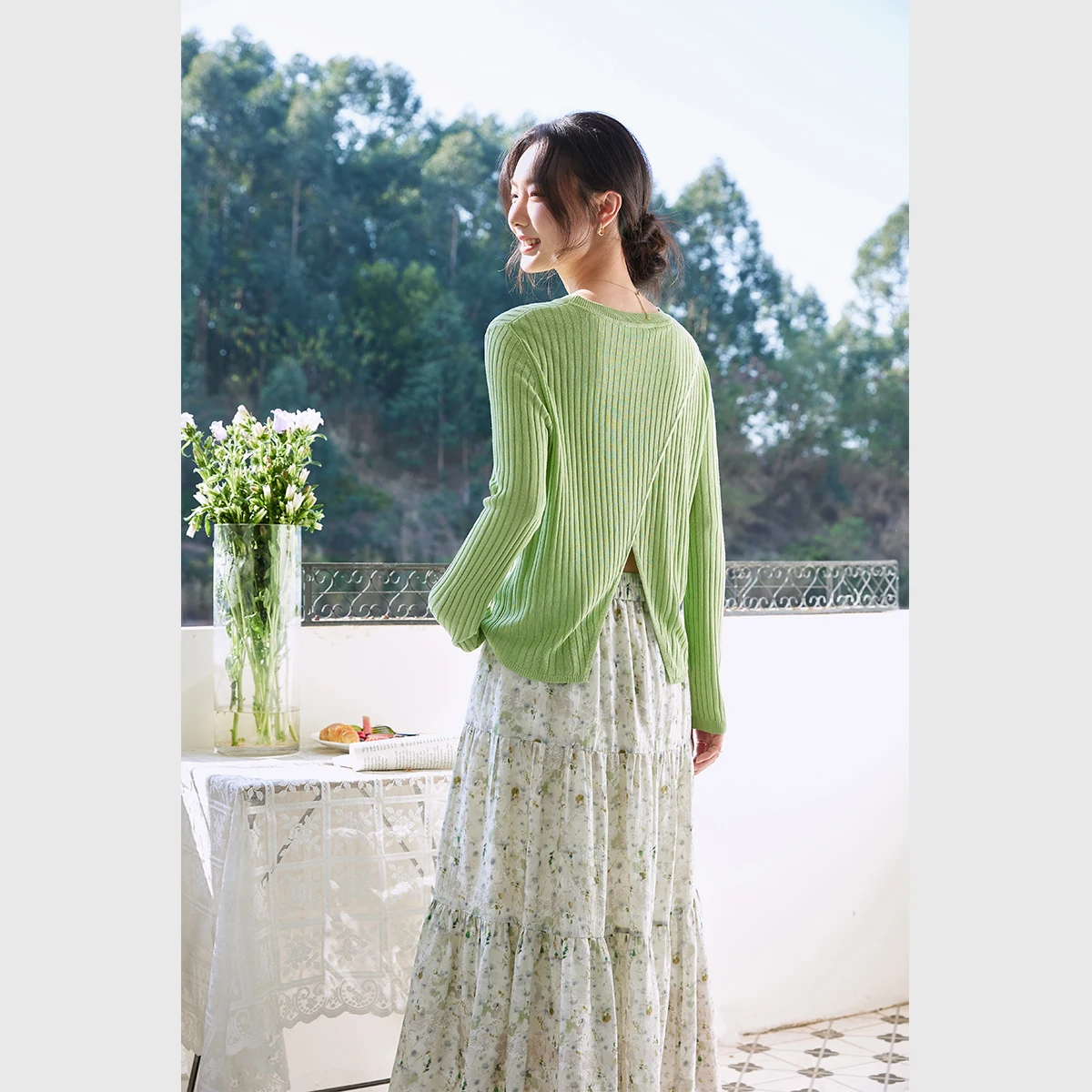 VIMLY Green Pullover Skirt Two-piece Set Women Back Slit Knit Pullovers Long Holiday Floral Skirts Elegant Matching Outfit A0233