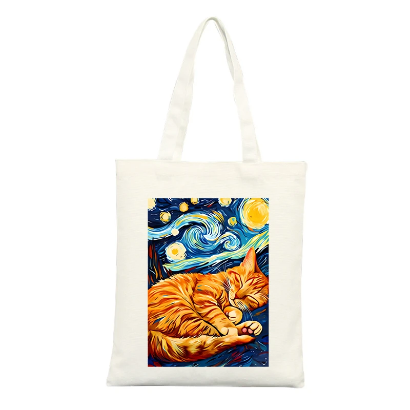 Sleeping Cat Canvas Tote Bag with Starry Night Artistic Print, Ideal for Casual Daily Use and Shopping Outings