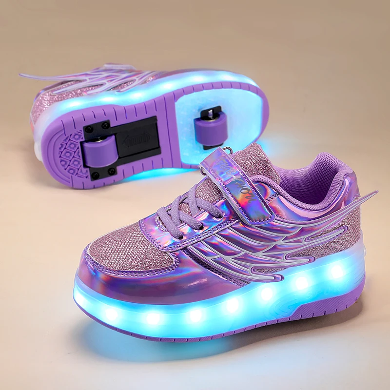 

Кроссовки-ролики Wings на 4 колесах для детей: мальчиков и девочек, со светодиодами, USB-зарядкой, модные спортивные повседневные кеды, подарок, детские игрушки