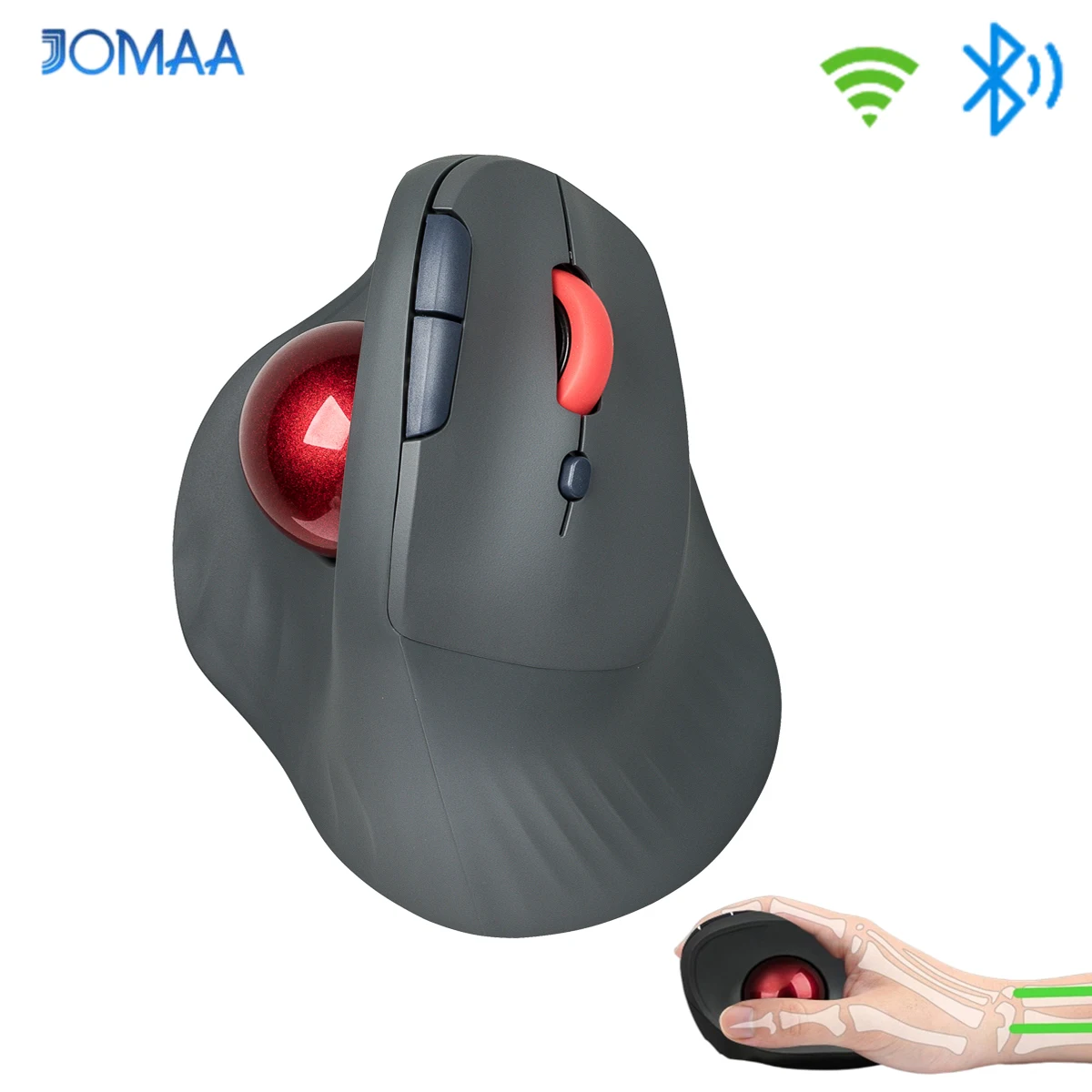 

JOMAA Ergonomic Trackball Mouse, Rechargeable, Bluetooth Rollerball Mouse, Finger Trackball, Compatible with PC, Laptop, iPad