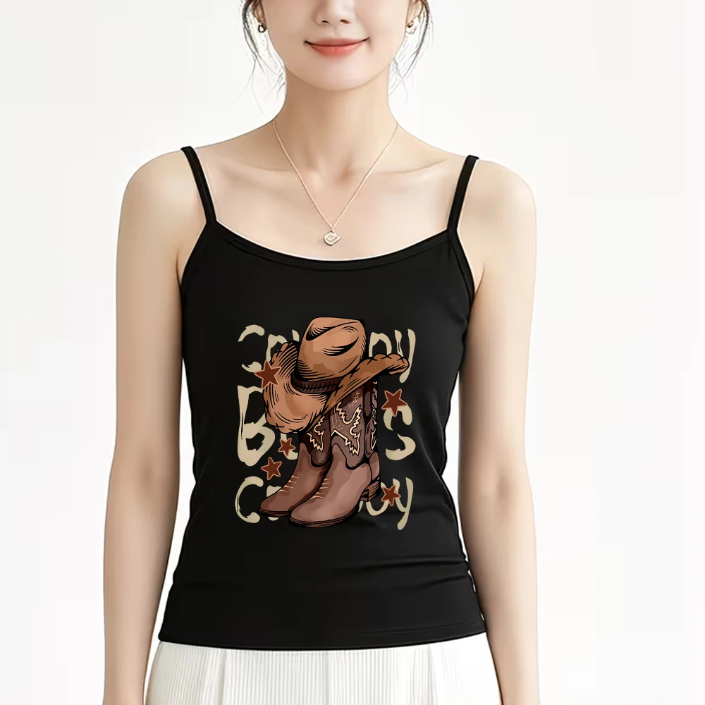 Black Cowboy Hat Boots Graphic Cami Top Retro Western Country Printed Camisole Slim Fit Sleeveless Tank Top for Women