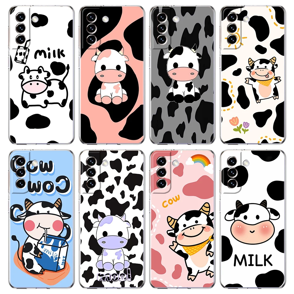 เคสโทรศัพท์ลายวัวนมน่ารักสำหรับ Samsung Galaxy Galaxy S23 S20 FE S21 S22 M32 M22 M21มาก S10 S10E S8 S9 PLUS 5G เคสใส capas