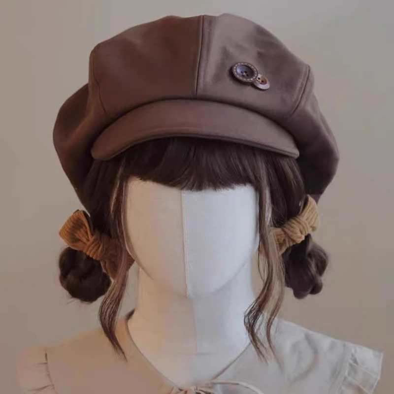 Koreanische und japanische handgefertigte Wolkenmütze & Baskenmütze, Herbst-Winter-Gesichtsformungsmütze in warmem braunem Mallard-Farbton, niedlicher Retro-Stil – Detail 7