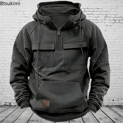 2026 Men's Hoodies Tactical Sweatshirts Half Zip Cargo Pullover with Big Pocket Men Outdoor Sports Gym Fitness Coats Loose Tops