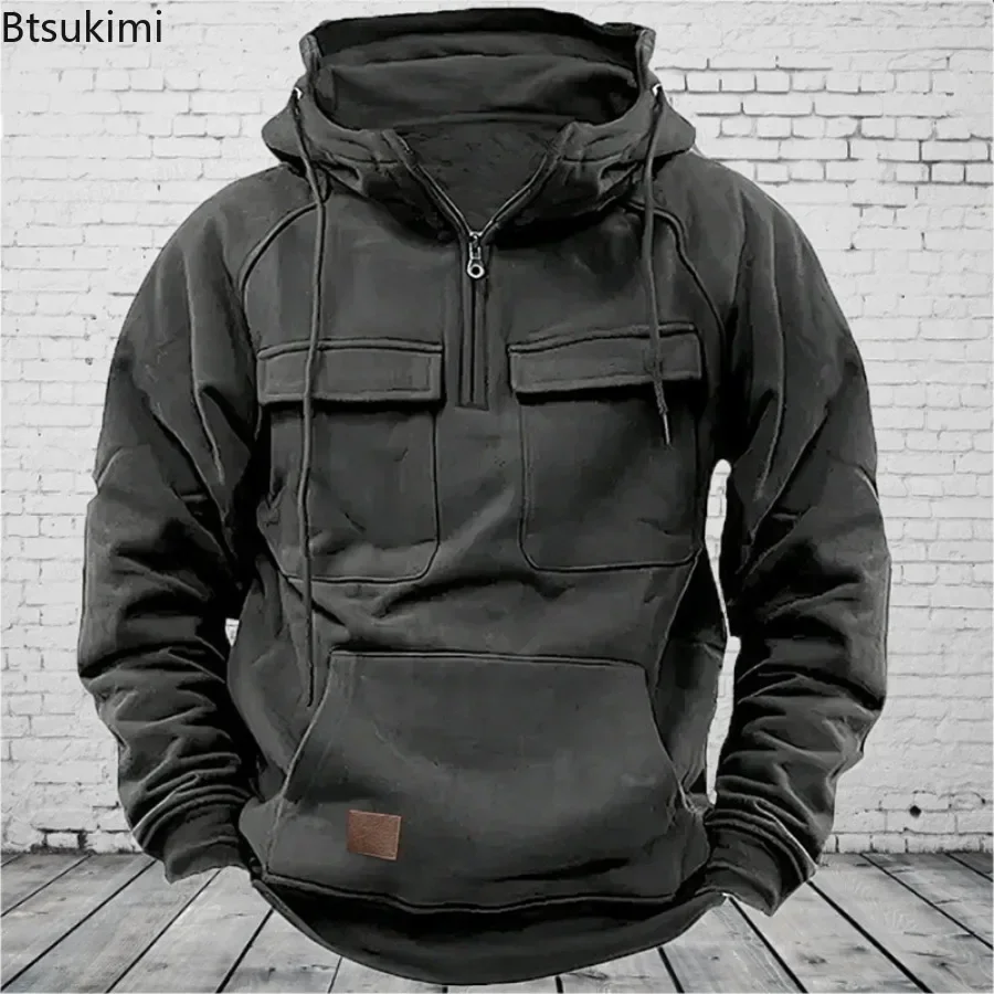 2025 Men's Hoodies Tactical Sweatshirts Half Zip Cargo Pullover with Big Pocket Men Outdoor Sports Gym Fitness Coats Loose Tops