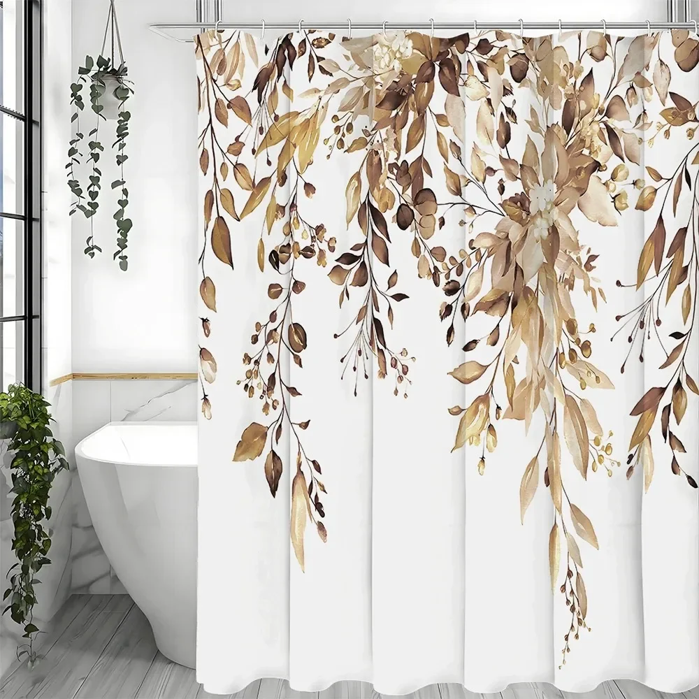 Brown Eucalyptus Leaf Shower Curtain, Watercolor Tan Botanical Floral Bathroom Decorative Shower Curtain, Waterproof Shower Cur