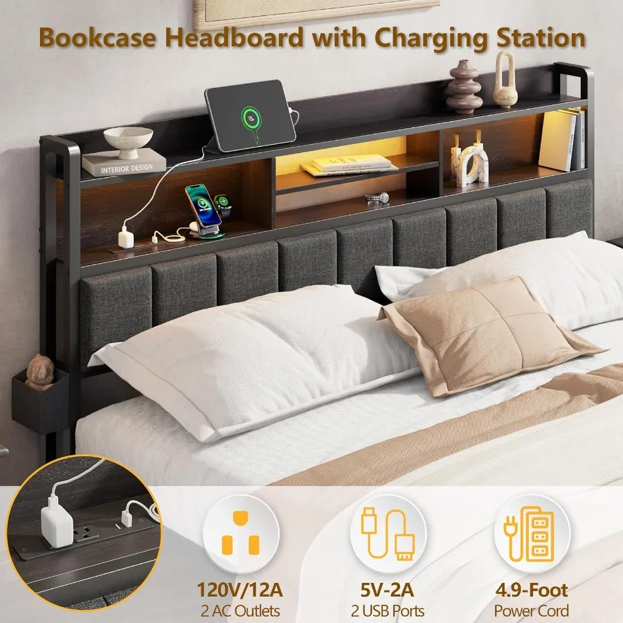إطار سرير كامل الحجم مع لوح رأسي منجد يتميز بأدراج تخزين مدمجة ومحطة شحن مدمجة وإضاءة LED محيطة