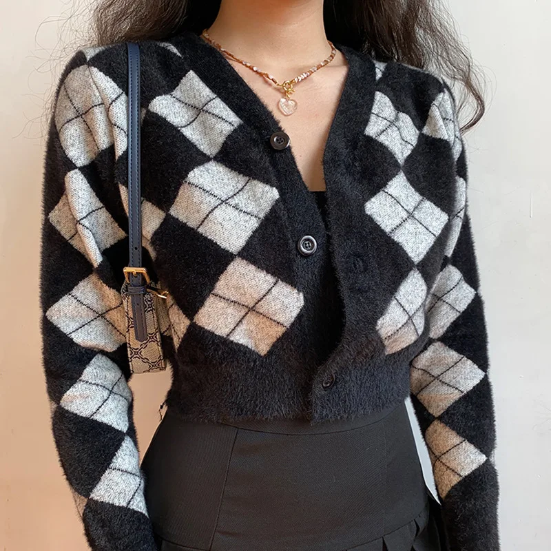 

Retro ort V-ne Long Sve Open Cardigan Street Sle Plaid Sweater Autumn Winter Regular Fit Long Sve Cardigan