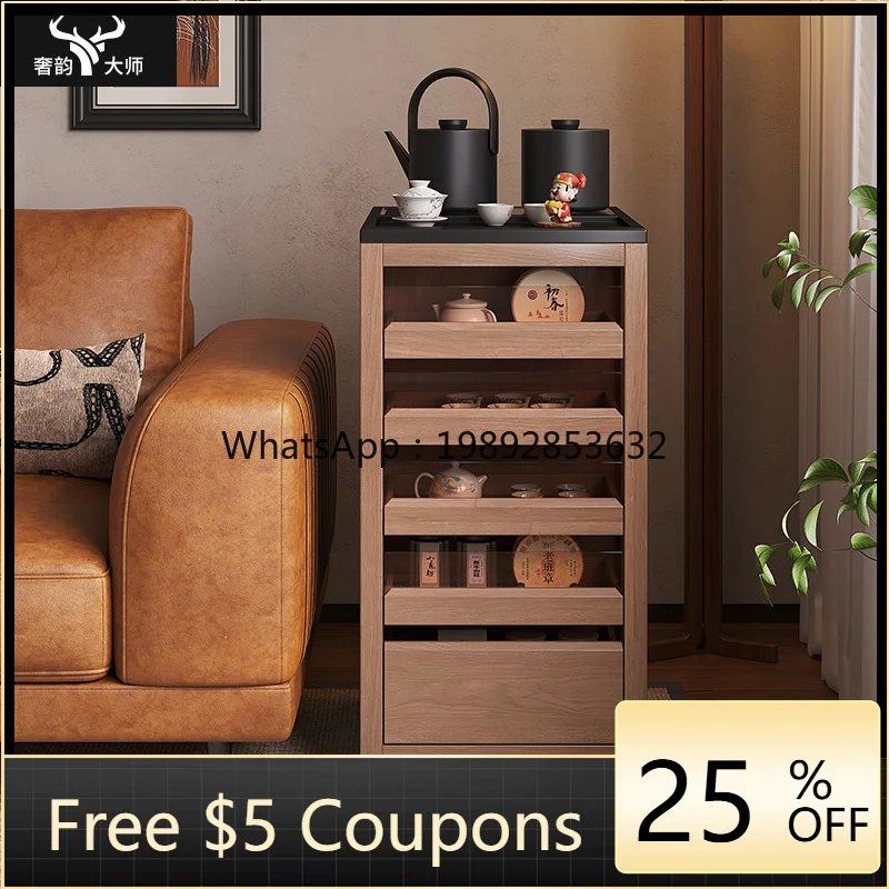 LYY Movable Tea Table Home Small Tea Cart Solid Wood  Brewing Cabinet Sofa Side Cabinet Living Room Display Cabinet Balcony