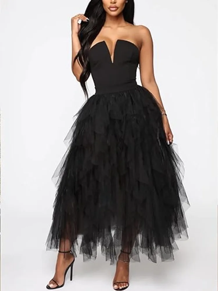 Tulle Skirts for Women Long Length Tutu Fairy Tiered Skirt A Line Mesh Elastic Waist Skirts Big Hem Black Gray Pink Beige Skirts image 4