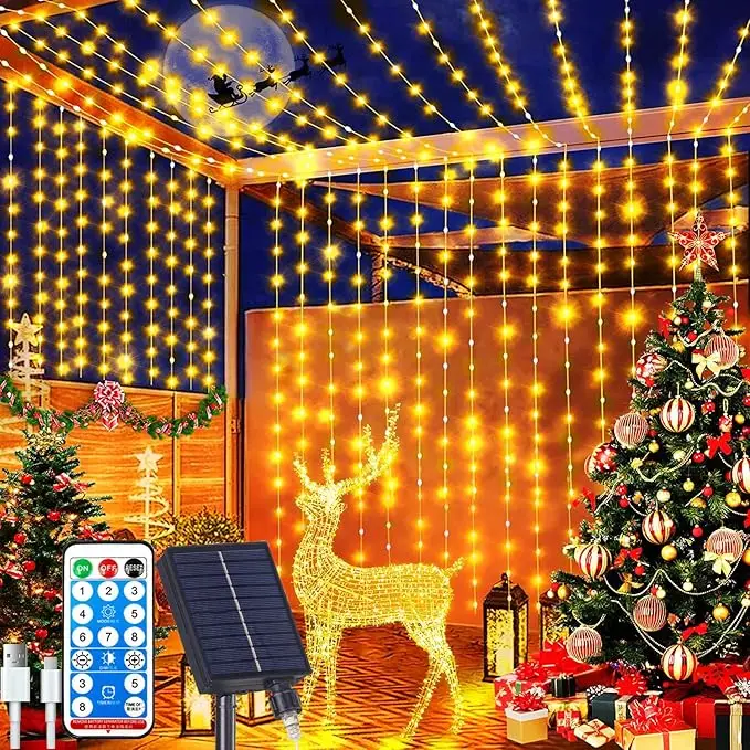 LED Solar Garland Curtain Waterproof Outdoor Christmas Waterfall Fairy Light RGB Festoon String Light For New Year Wedding Decor