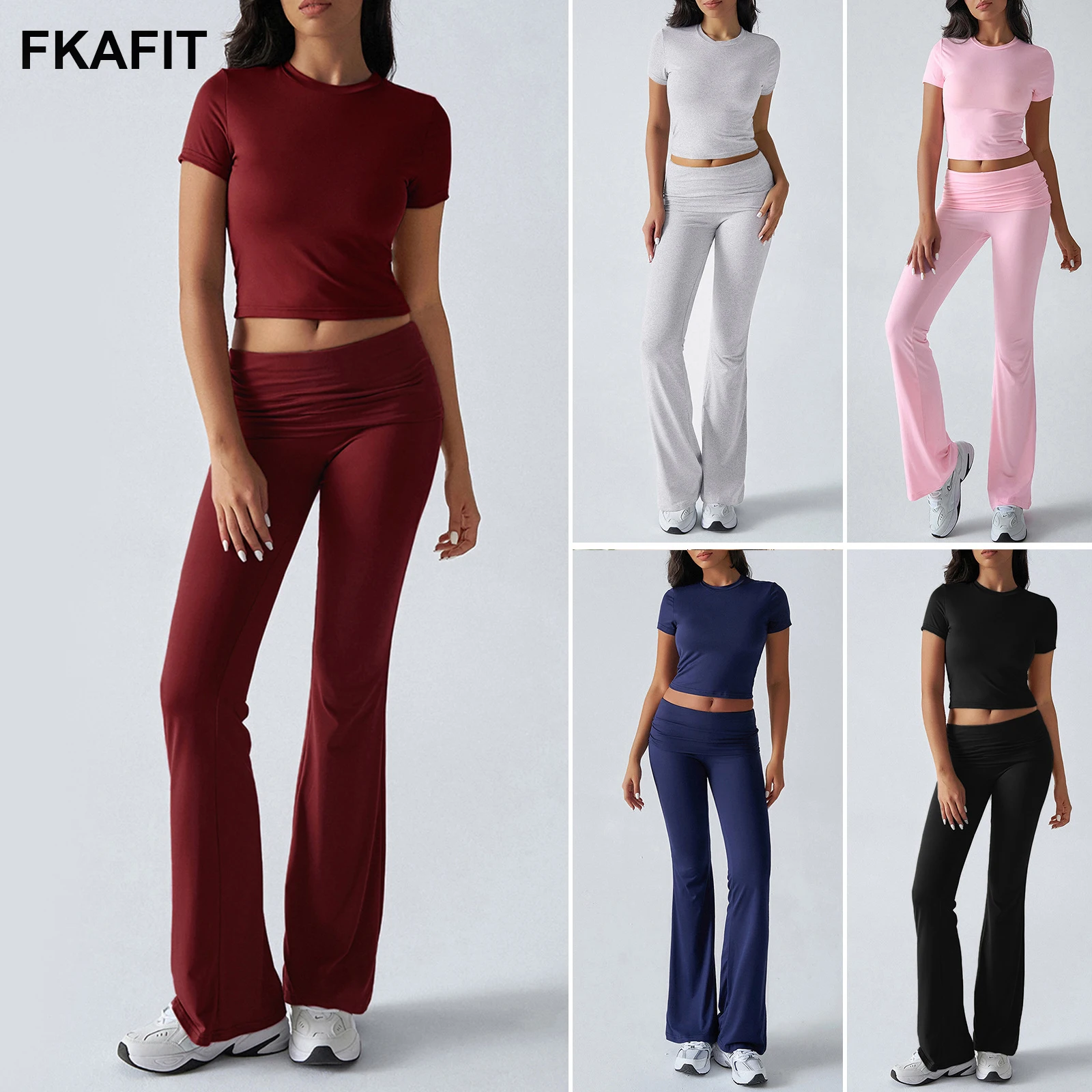 

Foldable 2PCS Yoga Set Women Short Sleeve Crop Top Slim Fit High Waist Flare Leggings Fitness Suit Workout Gym Running Tracksuit