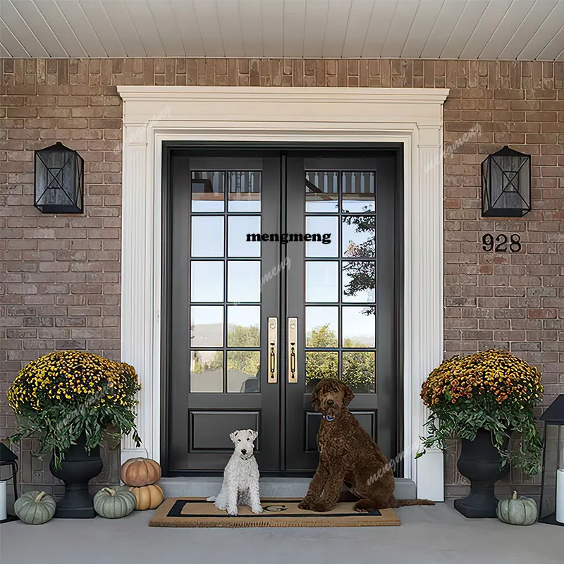 door of the self-built house in the countryside,  glass mother enters  house, and cast aluminum enters  house.