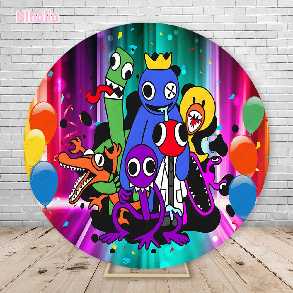 Rainbow Friends Party Round Backdrop Covers Boy Horror Puzzle Game Background Birthday Cylinder Decor Banner Activities Supplies