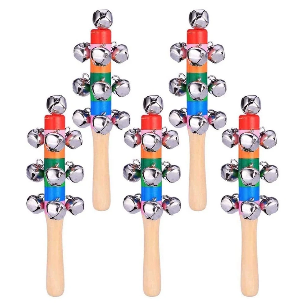 5 Pack Hand Jingle Bells Hand Bells Wooden Handle Bell Musical Instrument Toy Bell