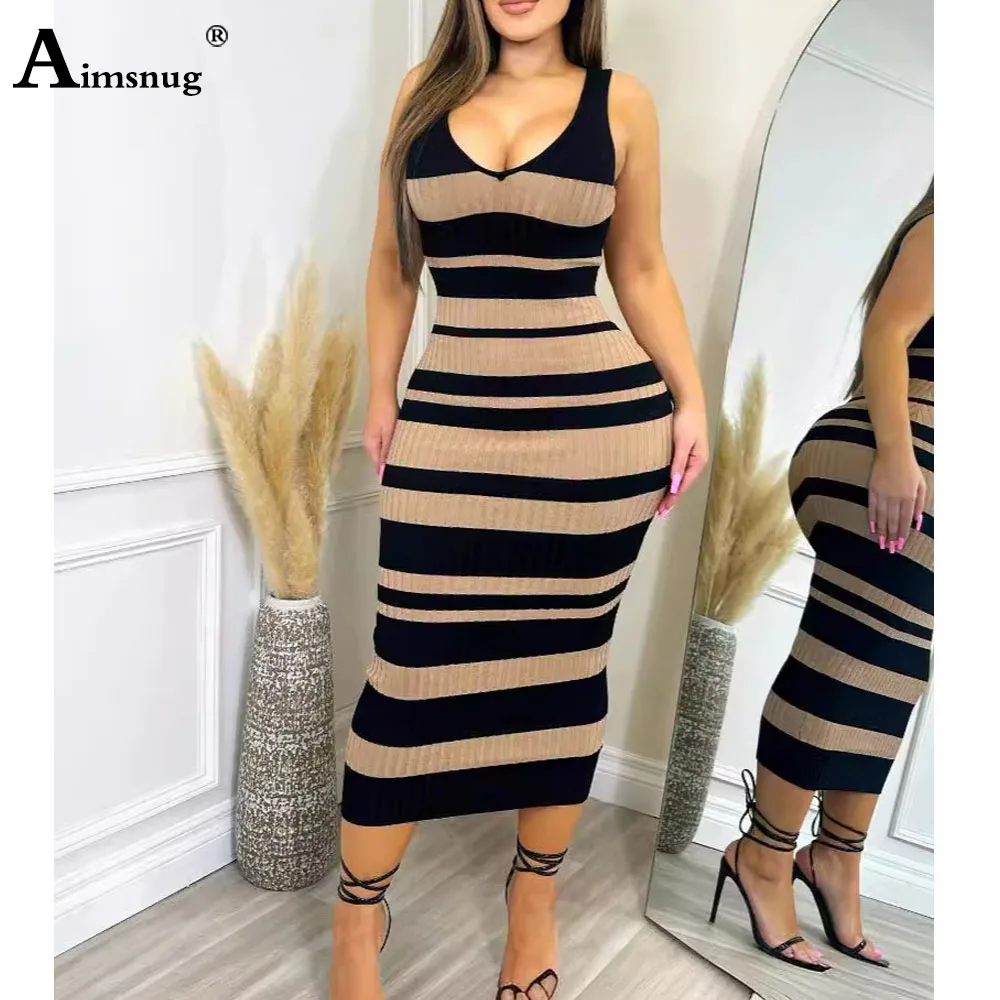 2024 High Waist Fashion Striped Perspective Female The Grunge Dress Sexy V-Neck Knitting Bodycon Women Mid-calf Dresses New